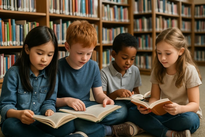 children reading in a library