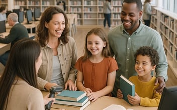 photographic image of a bright modern public library with a family at the desk checking books out and people using PCs and browsing shelves in distance